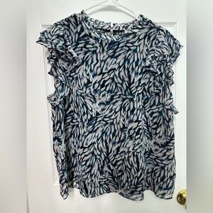 DKNY Abstract Blue and White Ruffle Blouse